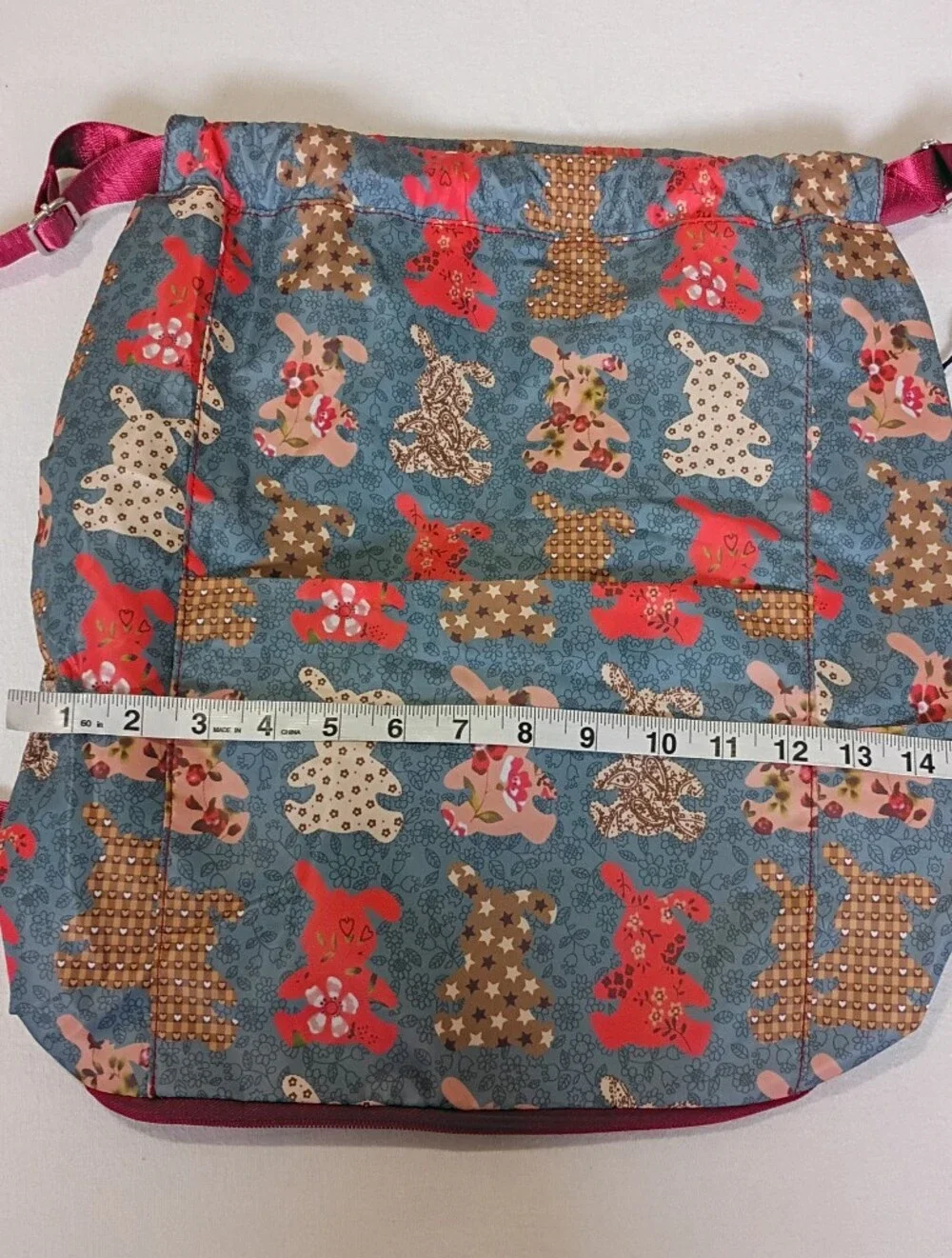 Foldable Drawstring Backpack Floral Bunny Patchwork Pattern Pocket On Front